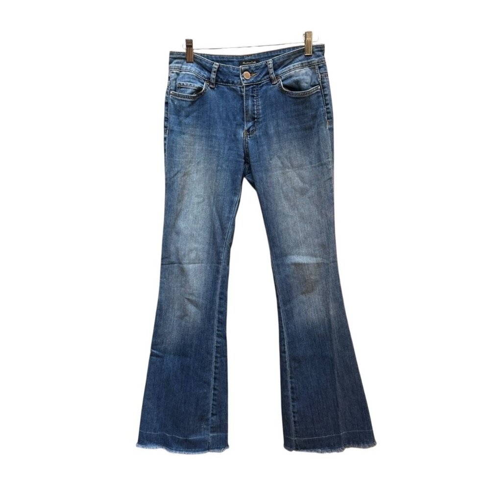 Massimo Dutti Flared Blue Denim Jeans Frayed Hem‎ Boho Hippie Size 4